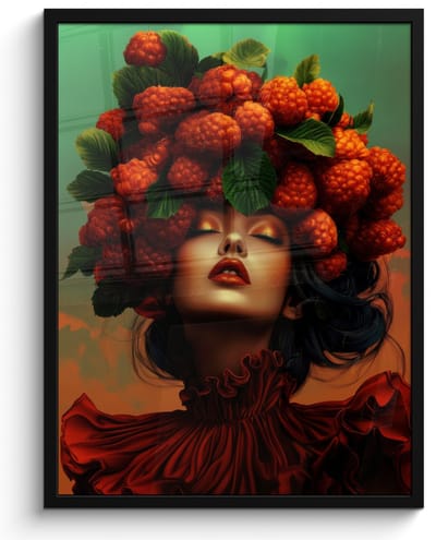 Poster in lijst - Fotolijst 50x70 cm - Posters - Vrouw - Frambozen - Bladeren - Posterlijst zwart - Decoratie - Wanddecoratie woonkamer - Muurdecoratie slaapkamer