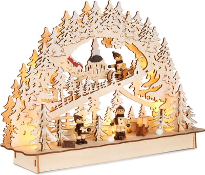BRUBAKER 3D-lichtboog, led-lichtboog, slee in het bos, kerstverlichting van natuurlijk hout, 22 x 32 x 9 cm, handbeschilderde figuren, kerstdecoratie voor tafel en raam