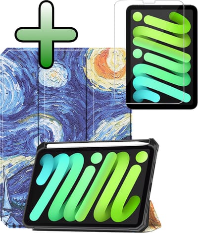 Hoesje Geschikt voor Apple iPad Mini 7 (2024) - 8.3 inch - 7e Generatie - Met Screenprotector - Trifold Bookcase - Hard Cover Case - Met Uitsparing Geschikt voor Apple Pencil - Hardcover Book - Tablet Hoes - Sterrenhemel