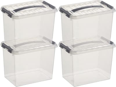 4x sunware q-line opberg box/opbergdoos - 9 liter - 30 x 20 x 22 cm - kunststof - opslagbox - transparant/zilver