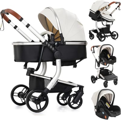 3-in-1 Kinderwagen voor Pasgeborenen - Opvouwbare Trio Kinderwagen met Omkeerbare Duwmodus en Comfortabele Slaapmand