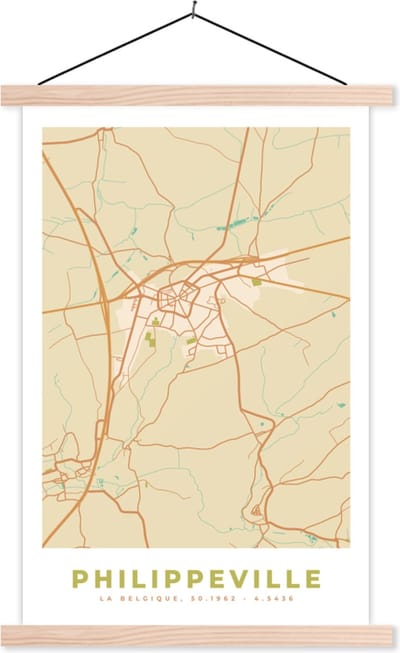 Posterhanger incl. Poster 40x60 cm - Schoolplaat - Stadskaart - Plattegrond - Philippeville - Vintage - Kaart - Textielposter - Blanke latten - Stadskaart