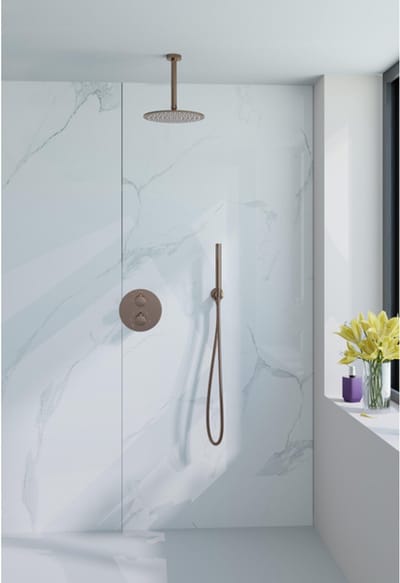 FugaFlow Eccelente Acces inbouw Regendoucheset - rond - thermostatisch - plafondarm - 25cm hoofddouche - staaf handdouche - Geborsteld koper PVD (Koper)