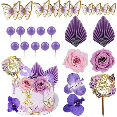 ZEYNOMAX- Bloemendecoratie 27 Stuks - Taartdecoratie - Kunstbloemen - Palmbladeren - Vlinders - Herbruikbaar - Paars