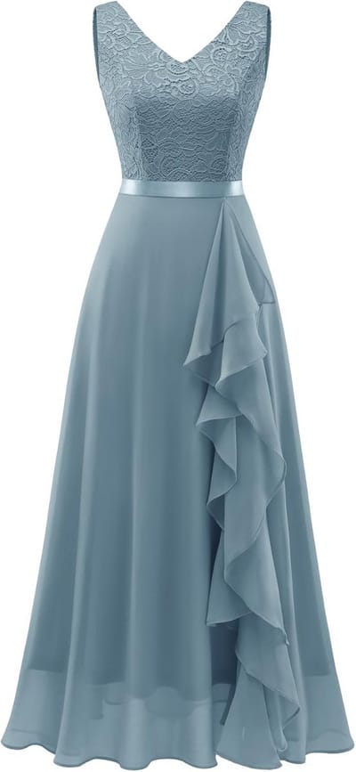 Elegante Lange Avondjurk met V-Hals en Tule, Geschikt voor Bruiloften en Galadiners
