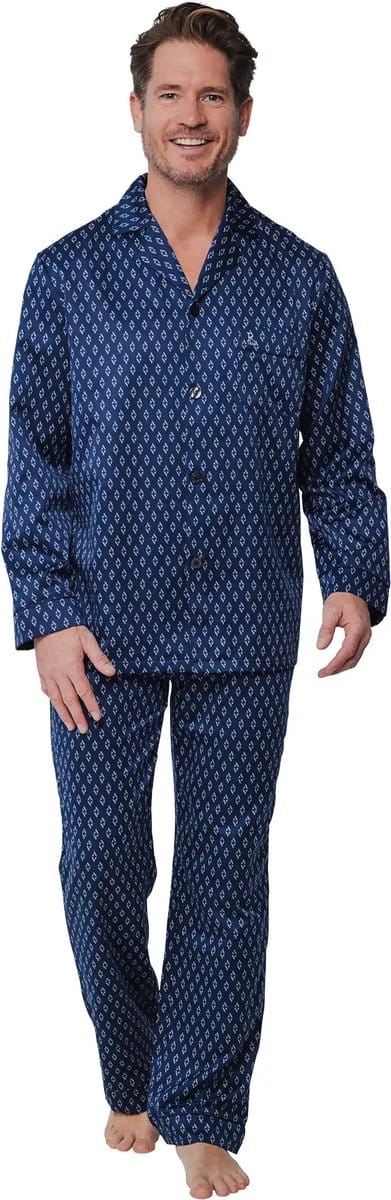 Satijnen pyjama heren - Knoopsluiting - Doorknoop pyjama met lange mouwen - 48 - Blauw