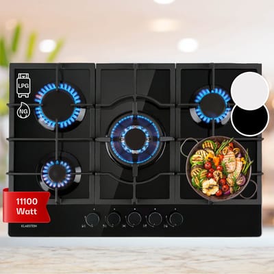 Klarstein Gaskookplaat 5 pits – Inbouw – Geschikt voor thuis & camper – RVS – Voor propaan en aardgas (LPG) – Met wokbrander – 11.100 W,6 kW 52 cm - voor Keuken - Zwart - glas - Gas Hob - Gas Kookveld - Gasfornuis