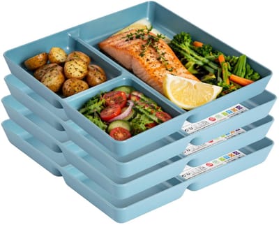 Plasticforte Vakjesborden - 4x stuks - blauw - gourmetbord - 3-vaks - kunststof - 24 x 24 cm - fonduebord - bbq - camping