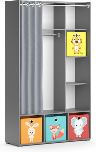 Vicco Luigi Kinderkledingkast – 105.8 x 178.1 cm Met vouwboxen (gekleurd) Grijs