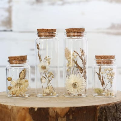 Allecto plus - Set van 4 gedroogde bloemendecoratie in smalle glazen met kurk - Natuurlijke droogbloemen