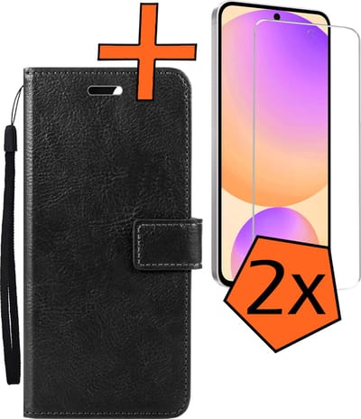 Hoes - Met 2x Screenprotector - Geschikt voor Samsung Galaxy S24 FE - Luxe Pasjeshouder - Bookcase Portemonee - Flip Case - Kunstleer Book Case - Flipcase Hoes - Book Cover - Walletcase - PortemonneeHoes - Zwart