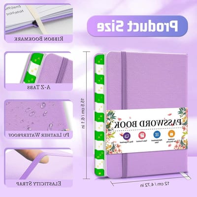 Wachtwoordboek met Alfabetische Tabs - Draagbaar voor Senioren, Perfecte Pocketformaat voor Internet Wachtwoordbeheer - 12 x 15,5 cm, Paars, Veiligheid, Organisatie, Gebruiksvriendelijk