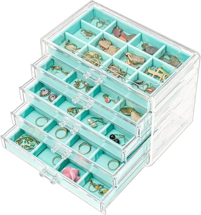 Earring Organizer met 5 Lades, Stapelbare Sieradenopbergdoos van Acryl, Duidelijke Oorbellenopslag met Verstelbare Velours Inleg voor Dames op Make-up Tafel - Blauw, 5 Laags Sieradenopslag