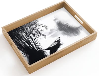 Dienblad hout 40x30 cm - Schootdienblad - Boot - Rivier - Bamboe - Wit - Borrelplank rechthoek - Plateau dienbladen