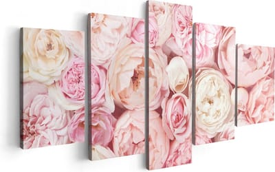 Artaza Canvas Schilderij Vijfluik Witte Roze Rozen Boeket - Bloemen - 100x50 cm - Wanddecoratie Woonkamer - Schilderijen - Muurdecoratie