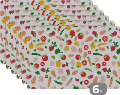 Placemat - Placemats kunststof - Groenten - Regenboog - Vegan - Patroon - 45x30 cm - 6 stuks - Hittebestendig - Anti-Slip - Onderlegger - Afneembaar