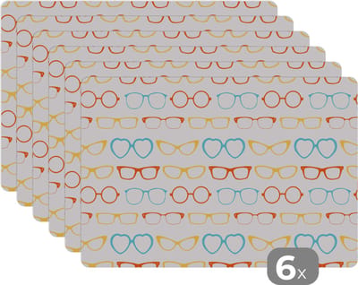 Placemat - Placemats kunststof - Brillen - kleuren - Patroon - 45x30 cm - 6 stuks - Hittebestendig - Anti-Slip - Onderlegger - Afneembaar