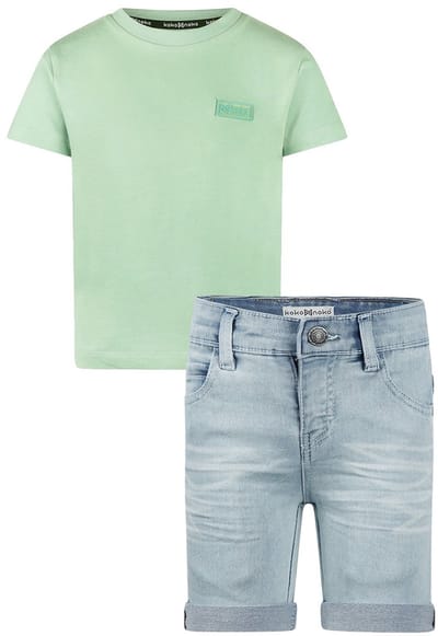 Koko Noko - NOOS-BOYS - Jongens - Biologische katoen - Kledingset - Jeans shorts - Shirt Faded green - Maat 92
