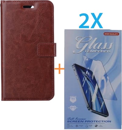 Bookcase Geschikt voor: Apple iPhone 16 Pro - Bruin - portemonnee hoesje - + 2X Tempered Glass Screenprotector