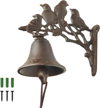 Dinerbel Gietijzer - Wandklok - Bezoekers Melder - Decoratief Vogels Patroon - 21 cm Lengte - Bruin