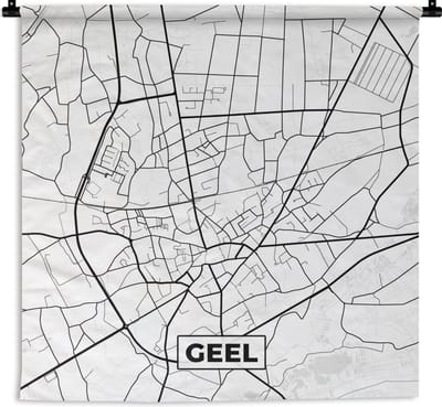 Wandkleed - Wanddoek - Plattegrond – Geel – Zwart Wit – Stadskaart - Kaart - België - 180x180 cm - Wandtapijt