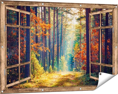 Gards Tuinposter Doorkijk Herfstbos met Zonneschijn - Kleur - 120x80 cm - Tuindoek - Tuindecoratie - Wanddecoratie buiten - Tuinschilderij