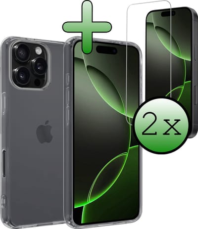 Hoesje Met 2x Screenprotector - Geschikt voor Apple iPhone 16 Pro - Sterk & Shockproof - Back Cover - Siliconen Case - Telefoon Hoes - Transparant