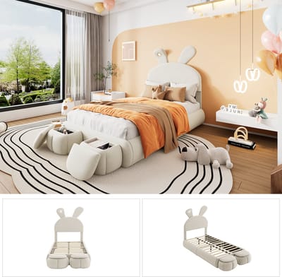 Polsterbett Met Konijnenoren - 90x200 cm - Kinderbed Met LED-Lichtstrip & 2 Opbergkrukken - Beige Fluweel - Verstelbaar Hoofdbord