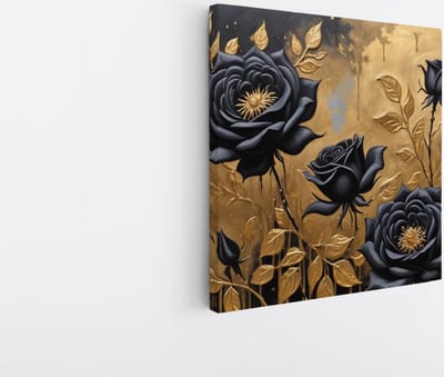 Saammp Canvas Schilderij - Bloemen - Zwart - goud - Abstract - 20x20 - Foto op canvas - Wanddecoratie - Muurdecoratie Woonkamer - Kantoor Decoratie