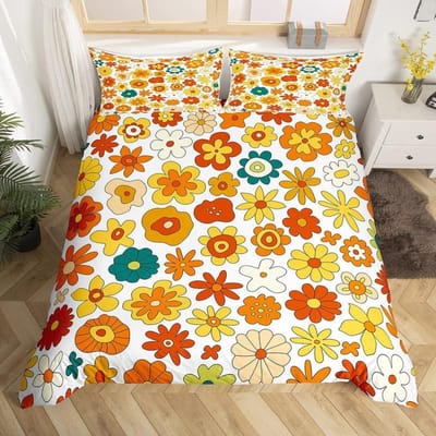 Retro jaren 70 Hippie Stijl Dekbedovertrek Queen Microfiber Psychedelisch Paddenstoelen Beddengoed Set Kamer Decoratie Cadeaus Regenboog Bloemen Dekbedovertrek EU Single(135*200cm)3pcs