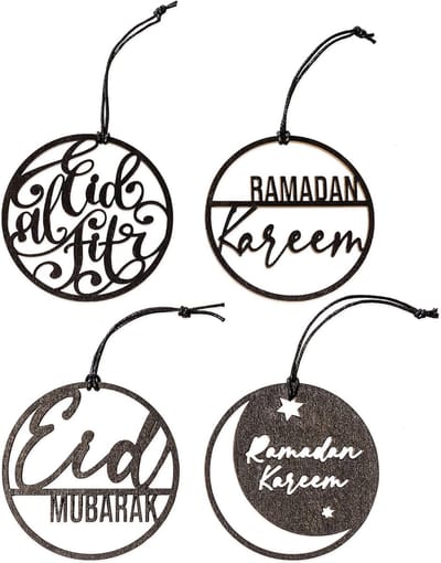 Famanu – Ramadan houten ornament hangers - 12 stuks - tafeldecoratie of boomdecoratie - zwart - Eid Mubarak en Ramadan feestdecoratie - handgemaakt