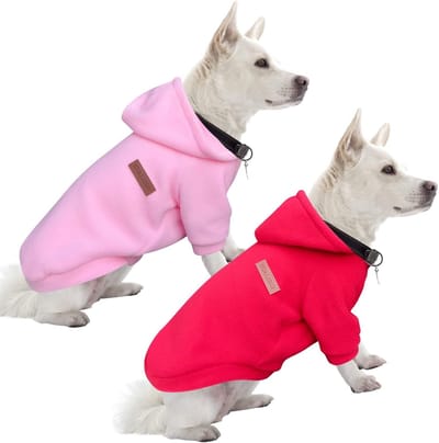 Hondenhoodie en Fleece Sweatshirt voor Chihuahua, Warm en Lichtgewicht, Zacht en Comfortabel, Set van 2 in Roze en Rood (L)