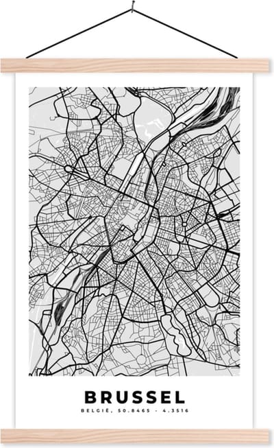 Posterhanger incl. Poster 40x60 cm - Schoolplaat - België – Brussel – Stadskaart – Kaart – Zwart Wit – Plattegrond - Textielposter - Blanke latten - Stadskaart