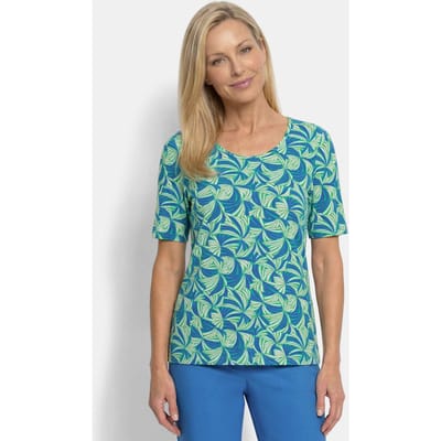 Shirt van viscose met bladerdessin - groen / blauw / gedess. - Gr. 19 van Goldner Fashion