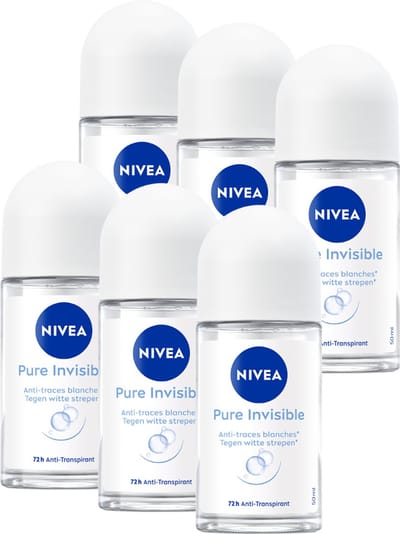 NIVEA Pure Invisible Anti-transpirant Deo Roller - 72u Actieve Bescherming - 0% Alcohol - Voordeelverpakking - 6 x 50 ml