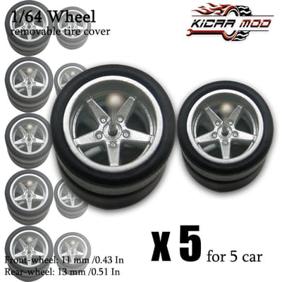1/64 Kleine Voorwielen En Grote Achterwielen Met Afneembare Slick Rubberen Banden Vijfpuntige Spaken Voor Modelauto's Voor Hotwheels (5 Sets)