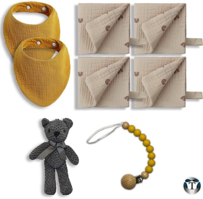 Kraamcadeau | Babyshower | Cadeau Idee | Pakket | Giftbox | Babyshower Cadeau | Baby | Geboorte | Fopspeenkoord | Spuugdoekjes | Slabbetjes | Beertje | TheOldOmen |