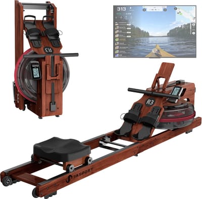 JASPORT R3 opvouwbare roeitrainer met waterweerstand – houten roeimachine voor thuis, Bluetooth, Kinomap en 150 kg – Sapele-kleur