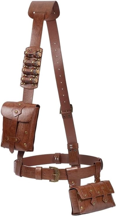 Renaissance kostuum set met middeleeuwse bandelier, PU lederen heuptas en alchemie flessenhouder voor Halloween decoratie en punk cosplay zadel in bruin