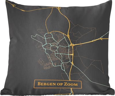 Sierkussens - Kussentjes Woonkamer - 60x60 cm - Kaart - Bergen op Zoom - Goud - Zwart