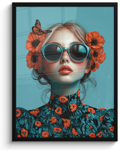 Poster in lijst - Fotolijst 50x70 cm - Posters - Vrouw - Blauw - Vlinder - Bloemen - Aesthetic - Posterlijst zwart - Decoratie - Wanddecoratie woonkamer - Muurdecoratie slaapkamer