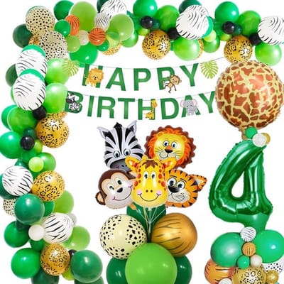 FeestmetJoep® 56-delig feestpakket Jungle - 45 stuks jungle ballonnen - 4 jaar verjaardag jongen Jungle - Jungle thema feestje - Jungle versiering - Jungle feestartikelen - Jungle slinger - Jungle ballonnen - Jungle kinderfeestje
