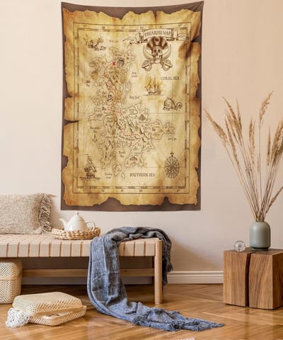 ABAKUHAUS Eiland Wandtapijt, Oude Papieren Schatkaart, Woonkamer Slaapkamer Wanddoek Zijdezacht Satijn Tapijt, 100 x 150 cm, Beige Bruin