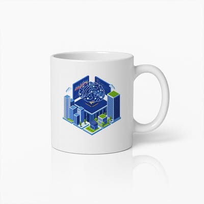 Illustratie Mok Slimme Stad en AI Technologie – Futuristische Innovatie Koffiebeker