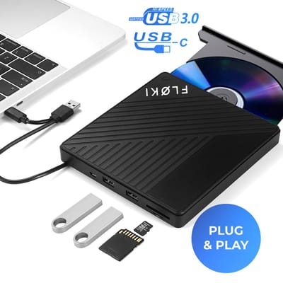 Floki® 4in1 Externe dvd/cd speler & brander voor laptop - MacOS Windows & Linux - Met USB-hub - Plug & Play - Optical Drive - USB 3.0 en USB-C