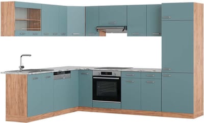 Vicco Hoekkeuken R-Line, Blauw-grijs/Goudkleurig Eiken, 287 x 227 cm, WB Marmer