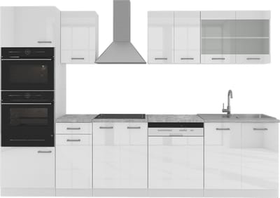 Vicco R-Line Complete keukeneenheid – 300 cm met hoge kast, met marmeren werkblad Wit hoogglans/wit