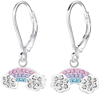 Joy|S - Zilveren regenboog bedel oorbellen - roze paars blauw kristal - leverback sluiting
