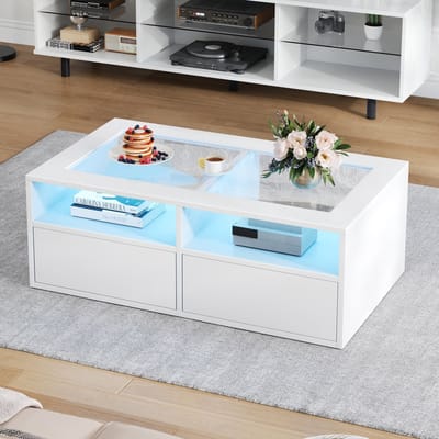 STILVORA Salontafel - Glazen Salontafel Met LED En 2 Lades - Open Opbergruimte Met App-Bediening Voor Woonkamer - Geharde Glas/Spaanplaat - 100x50x35 cm - Wit
