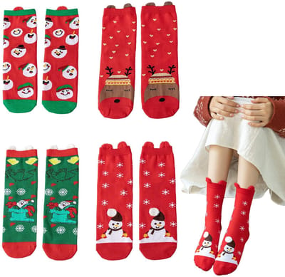 Dailygoods- Kerstsokken 4 Paar - Dames - Feestelijke Motieven - Kerstman/Rendier/Sneeuwvlok - Ademend - Huidvriendelijk - Sokken